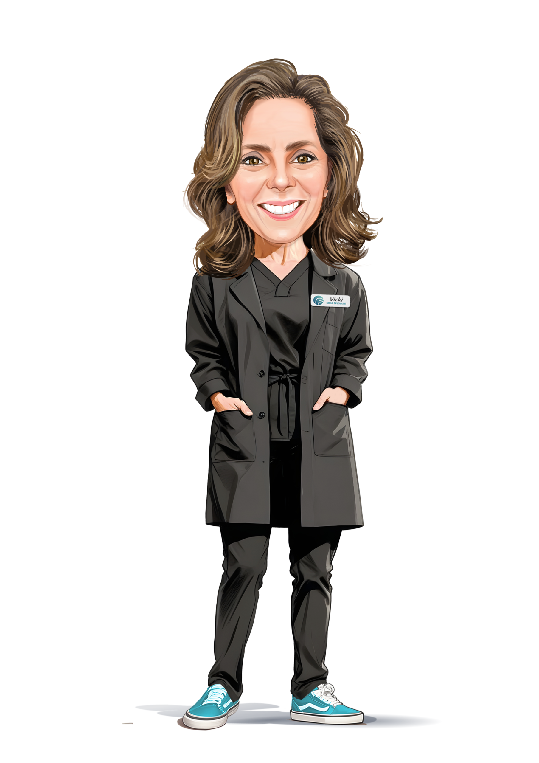 Caricature illustration of Vicki, The Marketing Master, founding member and Registered Dental Hygienist at Chamberlain Family Orthodontics in Redlands